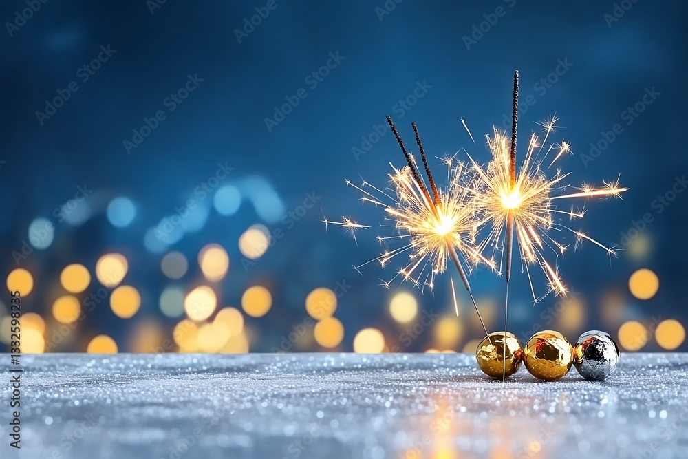 Poster sparkling sparklers and ornaments on gray surface with festive bokeh lights