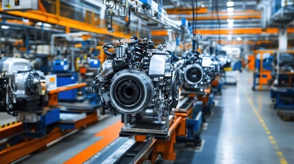 Naklejka premium Industrial assembly line with engines being manufactured precision engineering, brightly lit factory setting