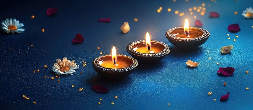 Happy Diwali banner with three burning oil lamps, diya or diva lights, on a blue background with copy space for text and flower decoration.