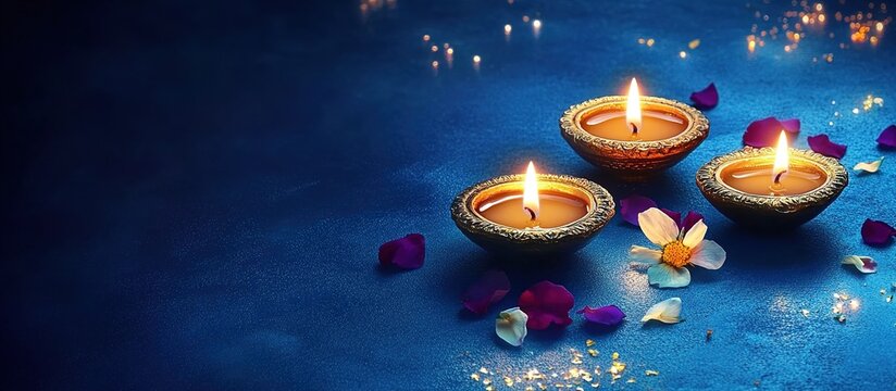 Happy Diwali banner with three burning oil lamps, diya or diva lights, on a blue background with copy space for text and flower decoration.