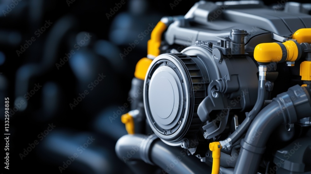 Poster close-up view of modern engine component with yellow accents and intricate mechanical details