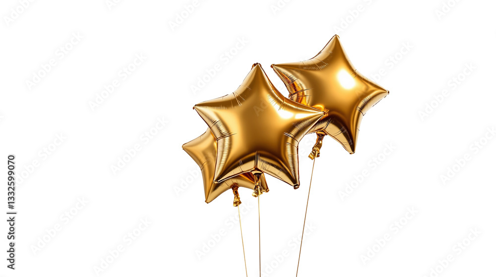Poster golden star-shaped balloons floating with thin golden strings, isolated on a white background. celeb