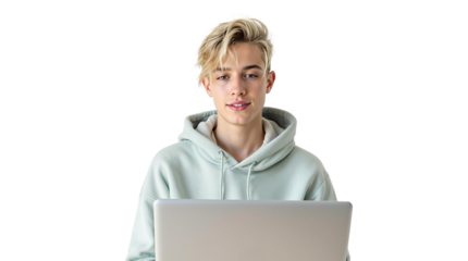 Young man in hoodie using laptop, isolated on white background. Concept of technology, remote work, online learning, or digital communication. Ai generative