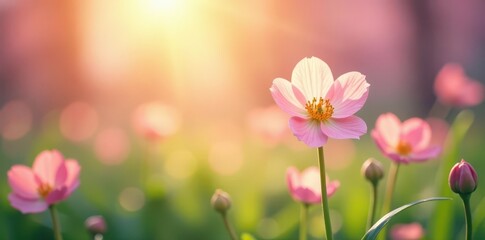 Obraz premium Abstract bokeh of sunlight and spring flowers, soft focus, pastel hues , soft, nature background