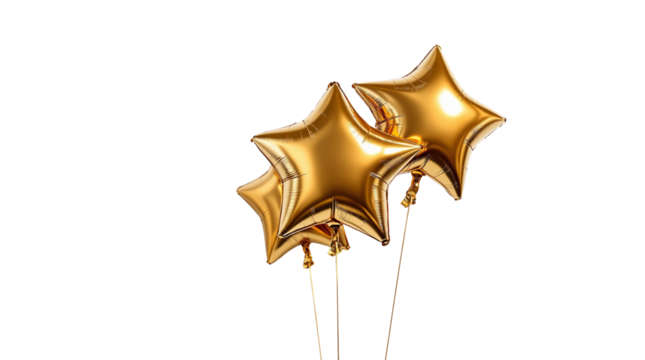 Golden star-shaped balloons floating with thin golden strings, isolated on a white background. Celebration and festive party decoration concept. Ai generative - Powered by Adobe