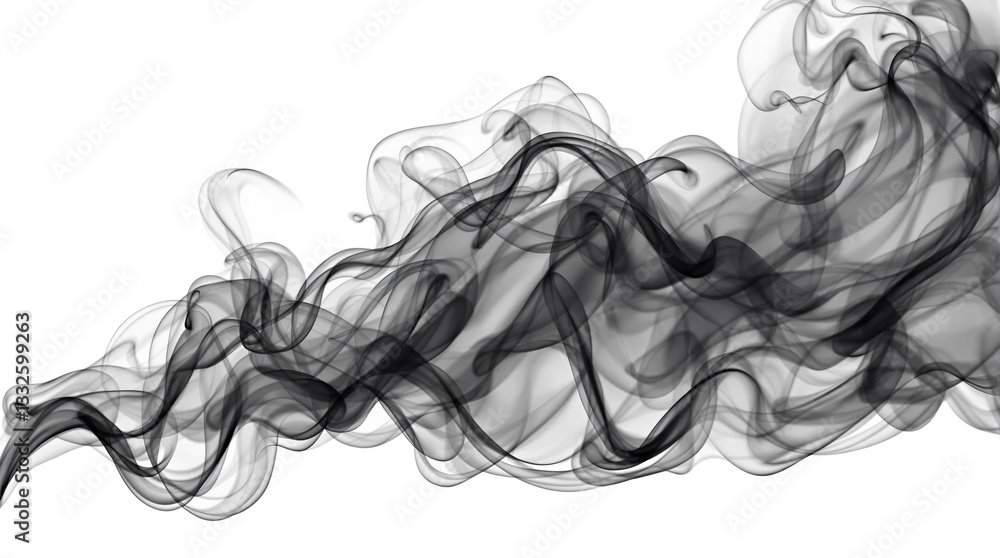 Poster Abstract black smoke waves flowing dynamically on a white background, creating a fluid and artistic composition. Ai generative
