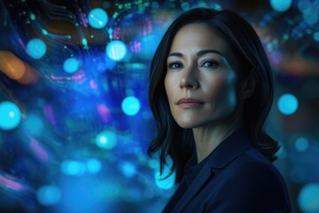 A confident woman in a dark blue suit, set against a backdrop of vibrant blue and purple lights, evokes a sense of futuristic technology and mystery.