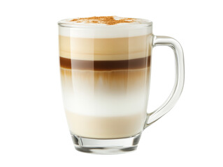 Isolated Clear Glass Mug with Layered Latte and Cinnamon Topping