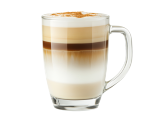 Isolated Clear Glass Mug with Layered Latte and Cinnamon Topping