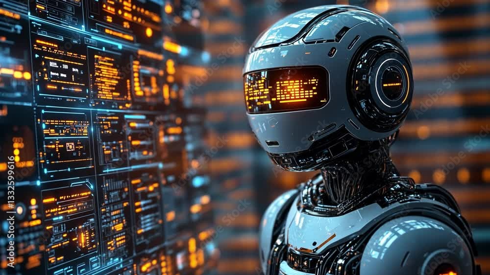 Aufkleber a humanoid robot interfaces with glowing digital displays in a futuristic technology environment