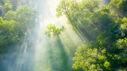 Fototapeta premium Ethereal sunbeams piercing through misty green forest canopy