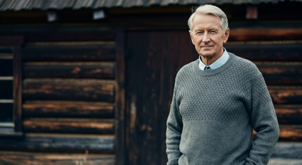 Fototapeta premium Elderly caucasian male standing outdoors in front of rustic cabin in casual attire