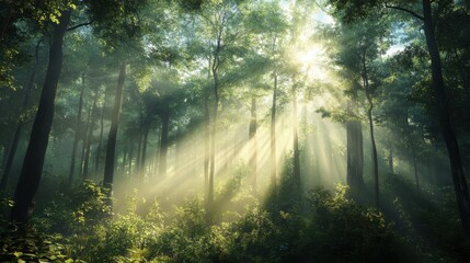 Fototapeta premium A tranquil forest scene with sunbeams piercing through towering trees and a misty atmosphere, illuminating the lush undergrowth and casting a warm glow over the woodland.