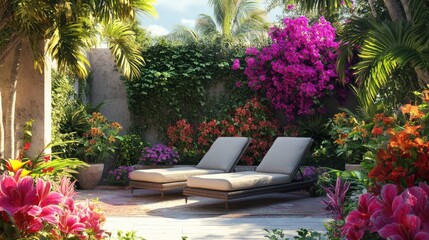Fototapeta premium Serene outdoor garden with sun loungers and vibrant floral arrangements.