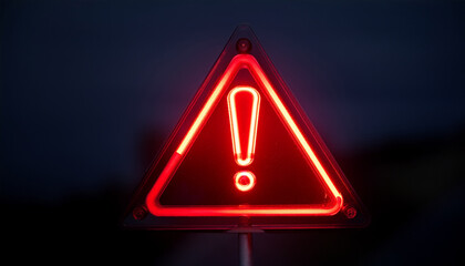 Glowing neon red triangle sign, exclamation point on dark. Warning indicator. Alert signal.