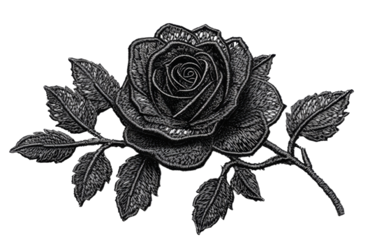 Engraved rose with leaves, vintage floral pattern, cut out transparent