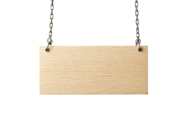 Wooden signboard hanging on metal chains, isolated on white background, suitable for customization or signage design. Ai generative