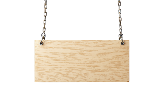 Wooden signboard hanging on metal chains, isolated on white background, suitable for customization or signage design. Ai generative