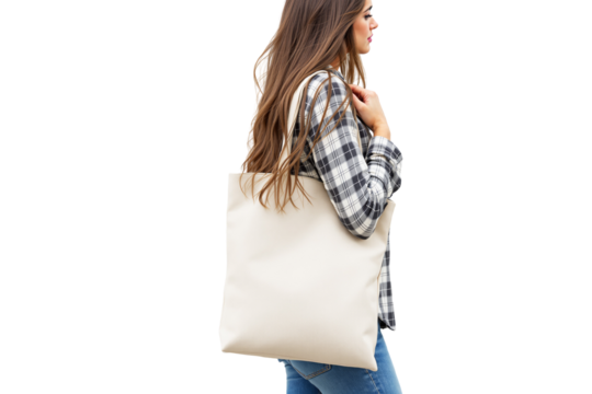 Woman wearing plaid shirt and jeans carrying beige tote bag over shoulder on white background. Concept of fashion, shopping, and eco-friendly bags. Ai generative - Powered by Adobe