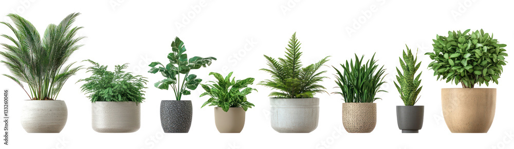 Fototapete range of potted plants in ceramic containers isolated on transparent background. 3d rendering.