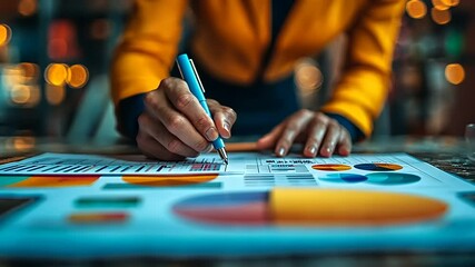 Business professional analyzing and marking data charts in a vibrant office setting with blurred lights