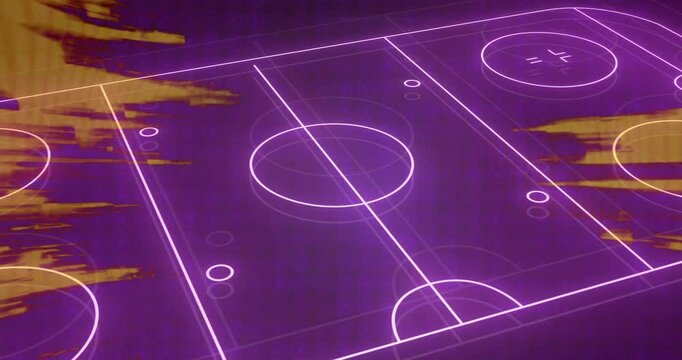 Animation of neon purple hockey rink with abstract orange shapes overlaying