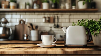 Luxury still life of a coffee cup toaster and kettle in a kitchen
