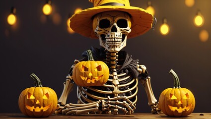 Halloween-themed image features a skeleton wearing a yellow witch hat. It's sitting amongst grinning pumpkins and autumn leaves, with a warm, dark background.