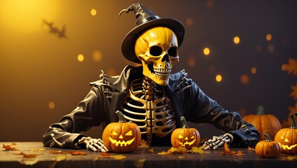Halloween-themed image features a skeleton wearing a yellow witch hat. It's sitting amongst grinning pumpkins and autumn leaves, with a warm, dark background.