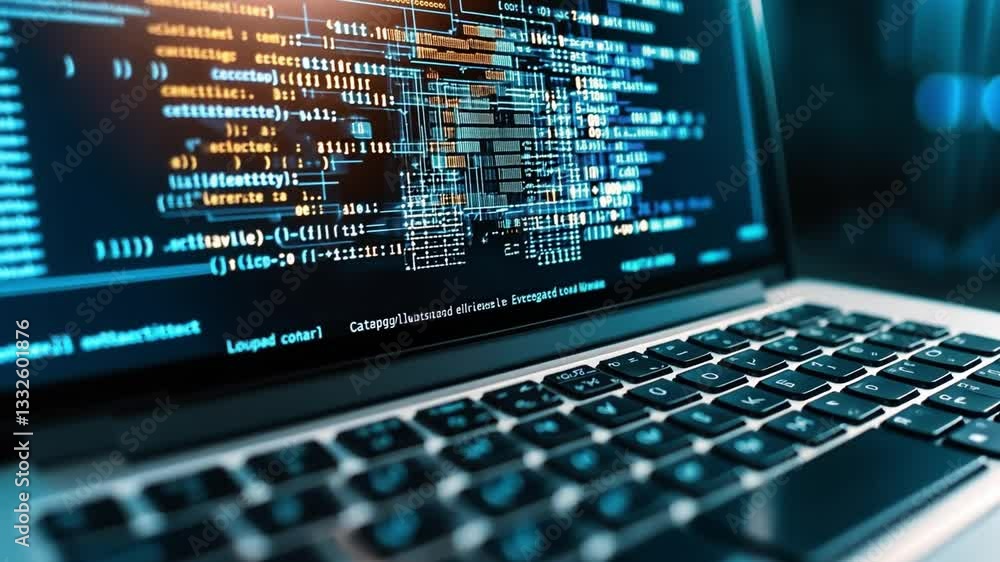 Poster high-resolution close-up of a laptop displaying complex coding in a modern workspace