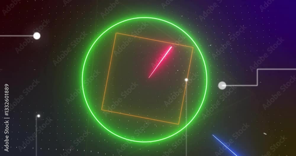 Poster forming geometric patterns, neon shapes and lines on dark background animation