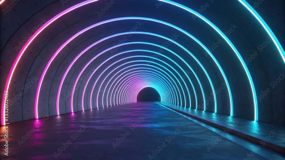Poster vibrant neon tunnel urban setting abstract visual art futuristic environment wide-angle view mesmeri