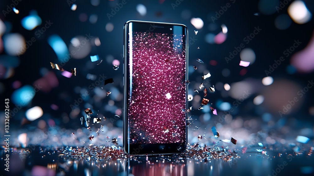 Poster smartphone with glowing pink screen surrounded by floating confetti and sparkles on dark background 