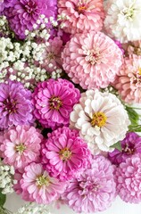 Breathtaking Arrangement of Colorful Zinnia Flowers with Delicate Baby's Breath on a Bright Background