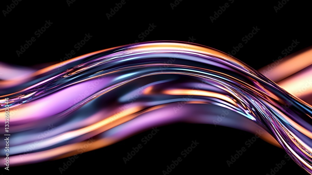 Poster flowing abstract waves in purple, orange and blue colors creating dynamic curved lines against black