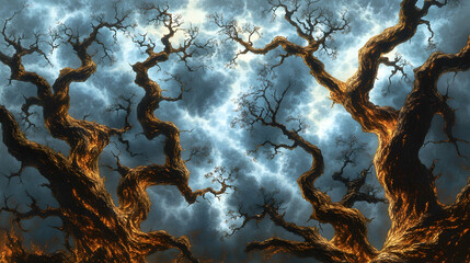Obraz premium Twisted ancient trees against a stormy sky