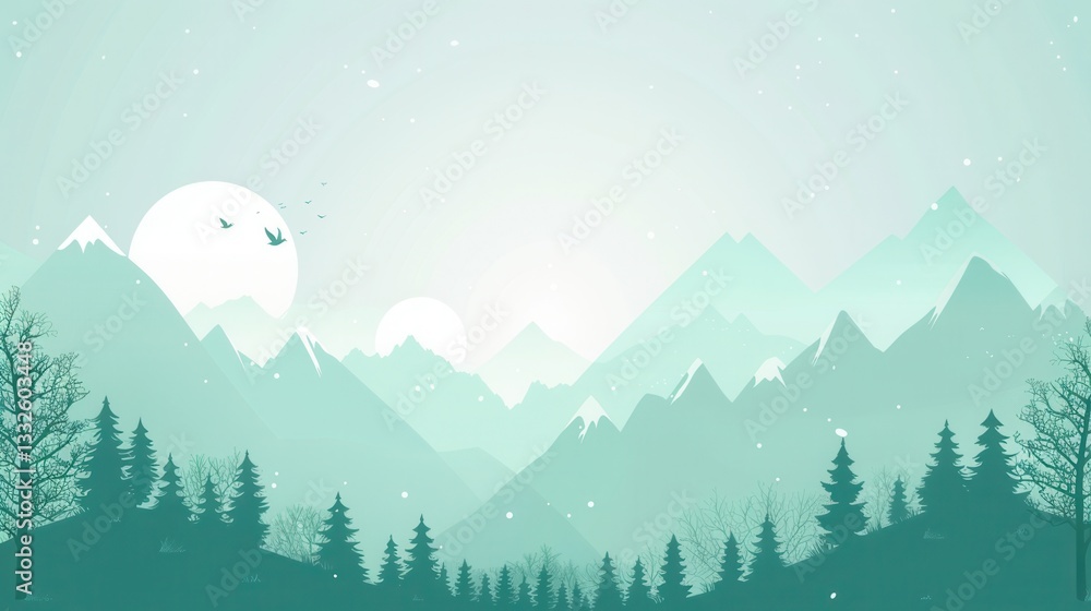 Poster minimalist background design featuring mountains and forest for outdoor adventure promotion generati