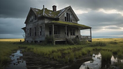Abandoned Marsh House under Cloudy Skies.