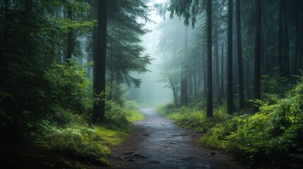 Fototapeta premium A peaceful forest pathway winds through towering trees, draped in mist as gentle raindrops enhance the lush greenery.
