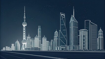 Naklejka premium Futuristic skyline illustration urban landscape digital art minimalist environment night viewpoint sleek modern design