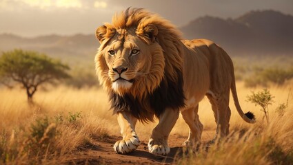 A majestic lion stands in a savanna.