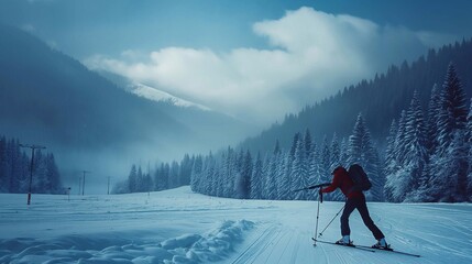 A biathlete aiming at a target with a rifle while standing on skis, set in a snowy course
