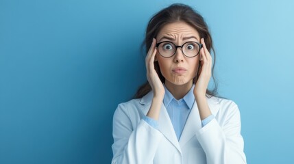Concerned Woman in Lab Coat with Glasses Expresses Distress Against Blue Background
