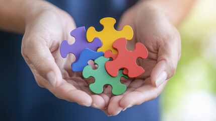 Colorful puzzle pieces held in hands symbolize connection and support