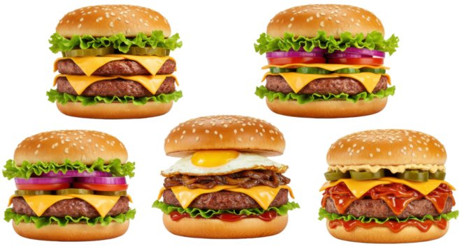 Delicious Variety of Cheeseburgers Burgers (Classic Cheeseburger, BBQ Bacon Burger, Spicy Chicken Burger, and Veggie Burger). Isolated on a white background, cut-out or clipping path.