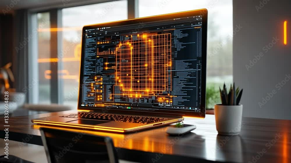 Poster modern workspace featuring a glowing laptop displaying intricate data visuals in a bright office