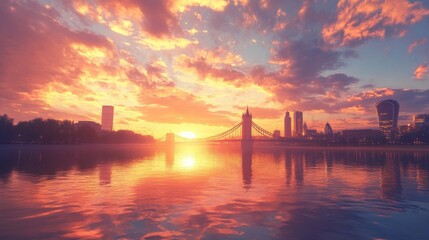 Obraz premium London skyline landmark concept. Tower Bridge at sunset with a colorful sky and serene water reflection.