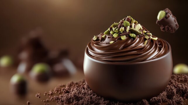 Trend Dubai chocolate with pistachio nut paste and kataifi doug. Trendy cocoa spread dessert banner