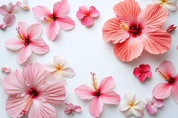 Obraz premium Bright tropical flowers in minimalistic composition with copy space for creative projects
