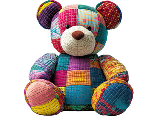 Isolated Multi-Colored Quilted Teddy Bear with Patchwork Detailing